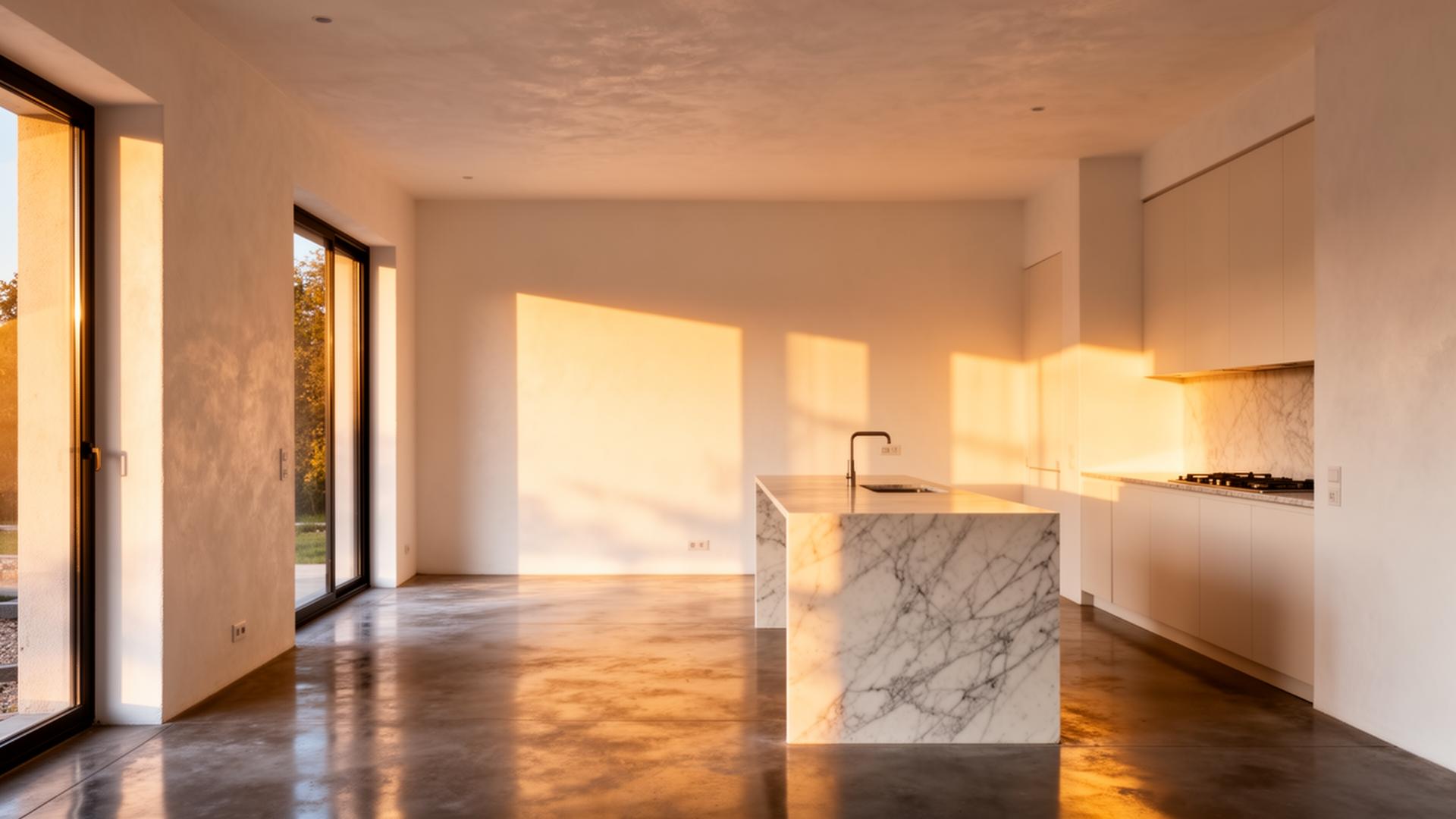 A modern interior renovated by ART J Construction Ltd, with marble kitchen island and polished concrete floors